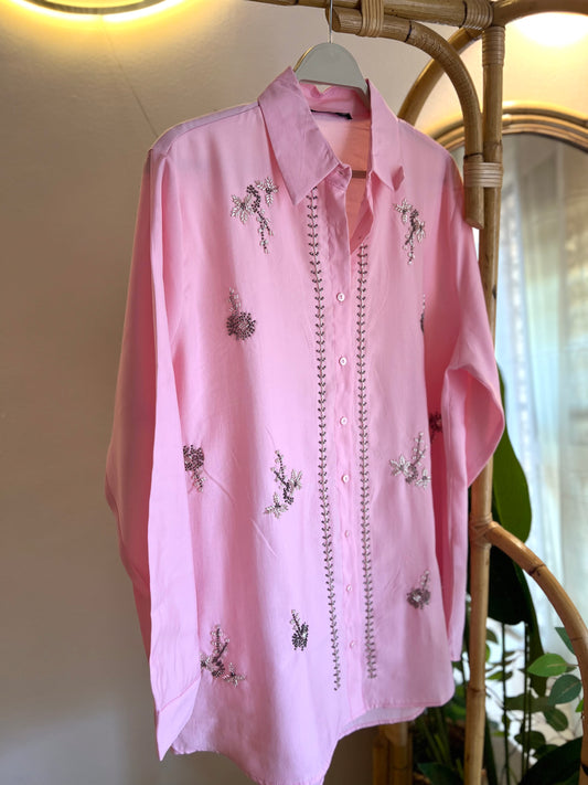Pink Linen Bead-Embellished Shirt
