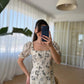 Beige & Black Vintage Embroidered Dress With Square Neck