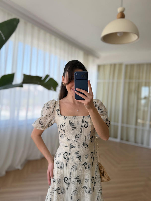 Beige & Black Vintage Embroidered Dress With Square Neck