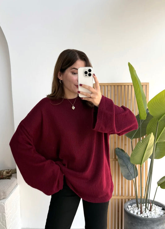 Maroon Round Neck Pullover With Bell Sleeves