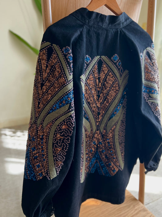 Black Denim Embroidered Sequin Kimono
