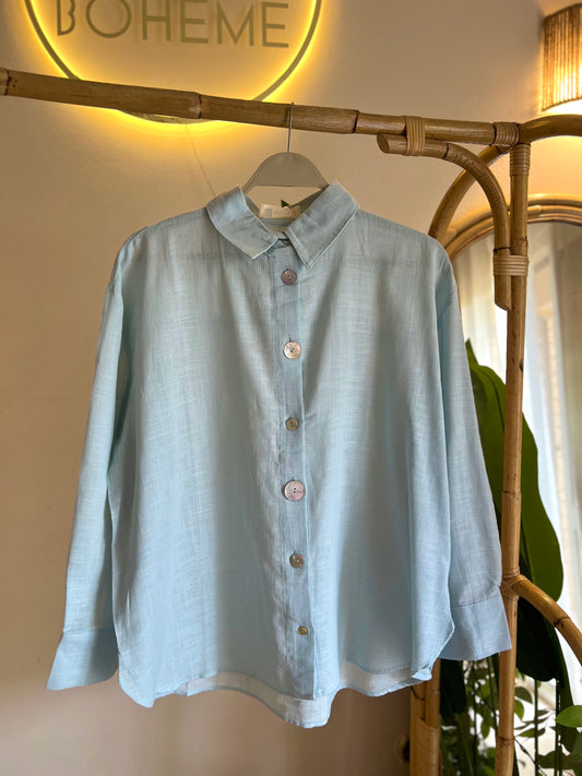 Baby Blue Linen Shell Buttons Shirt
