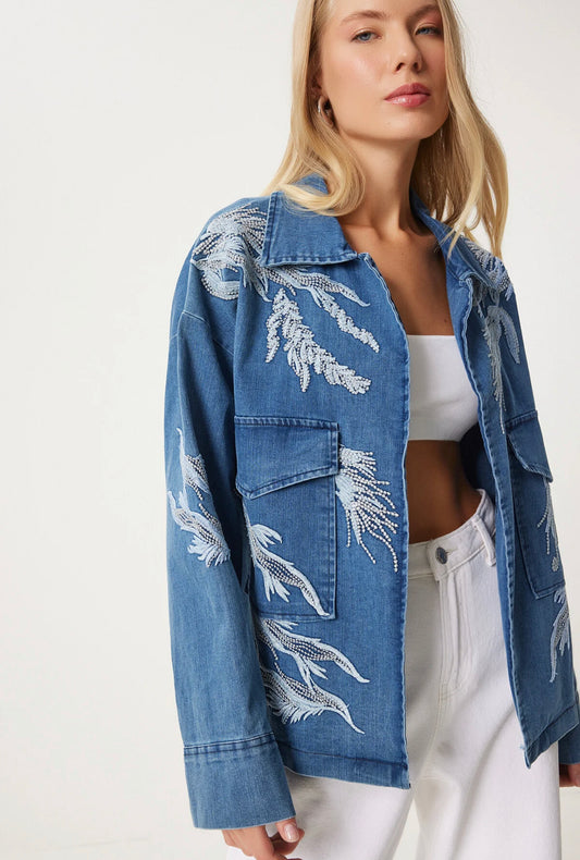 Embroidered Denim Jacket With Pockets