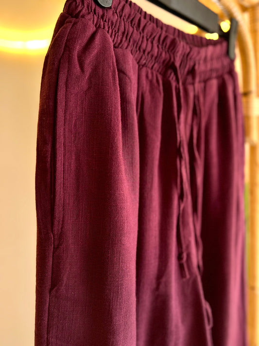 Linen Burgundy Straight Pants With Elastic Waist