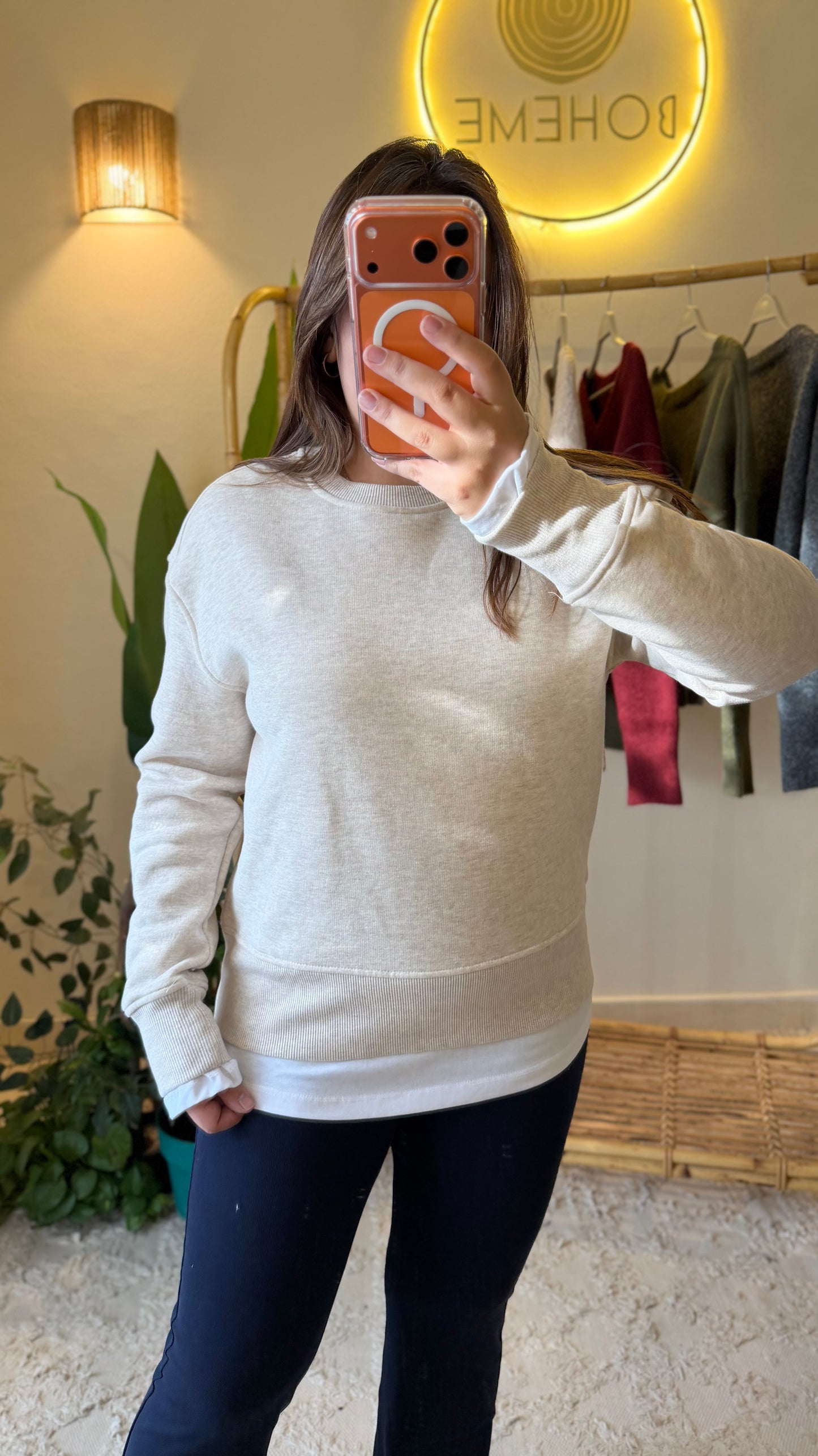 Beige Melton Sweatshirt With White Extension