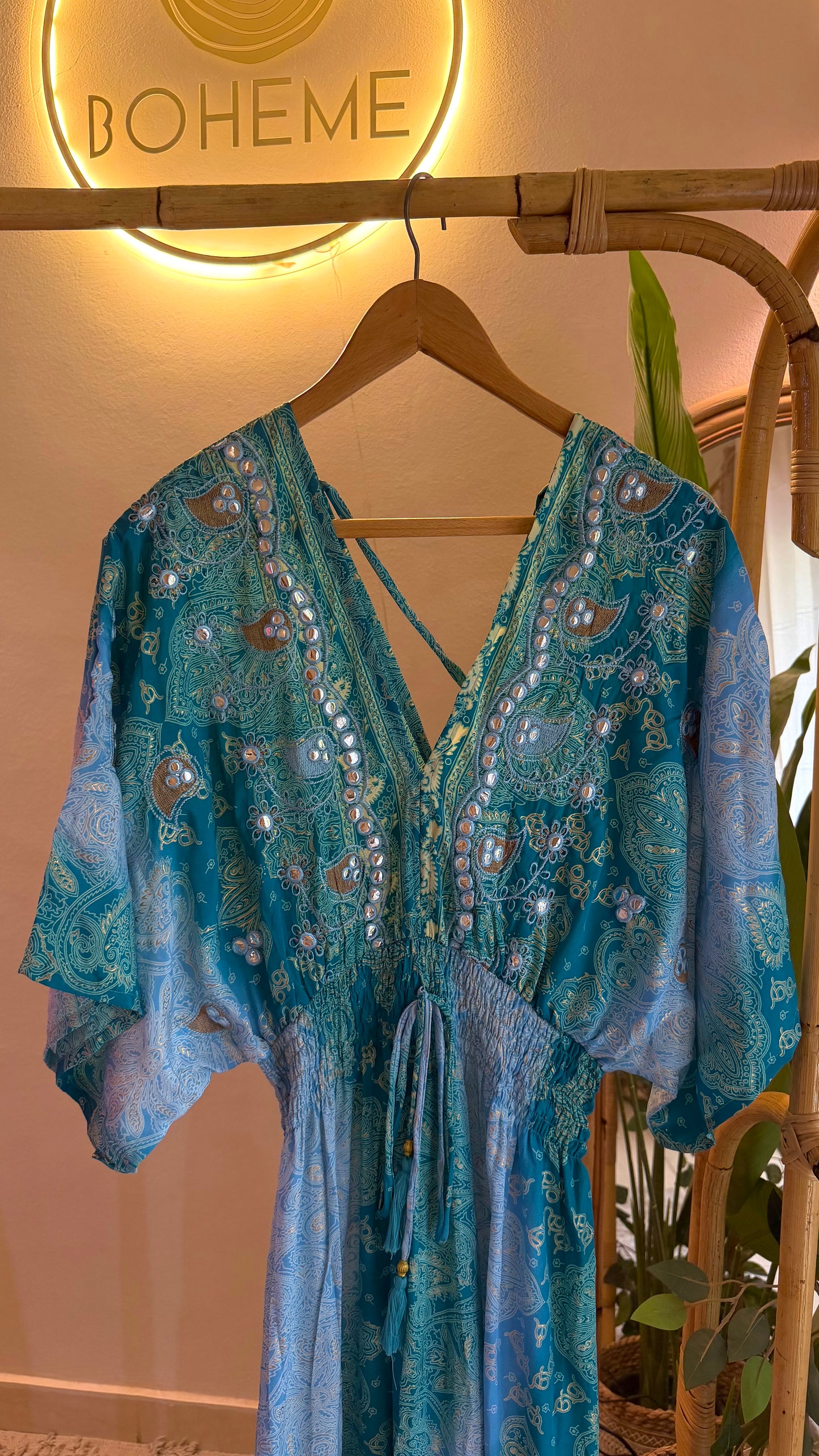 The Italian Green Elastic Waist Dress With Embroidery & Tassels