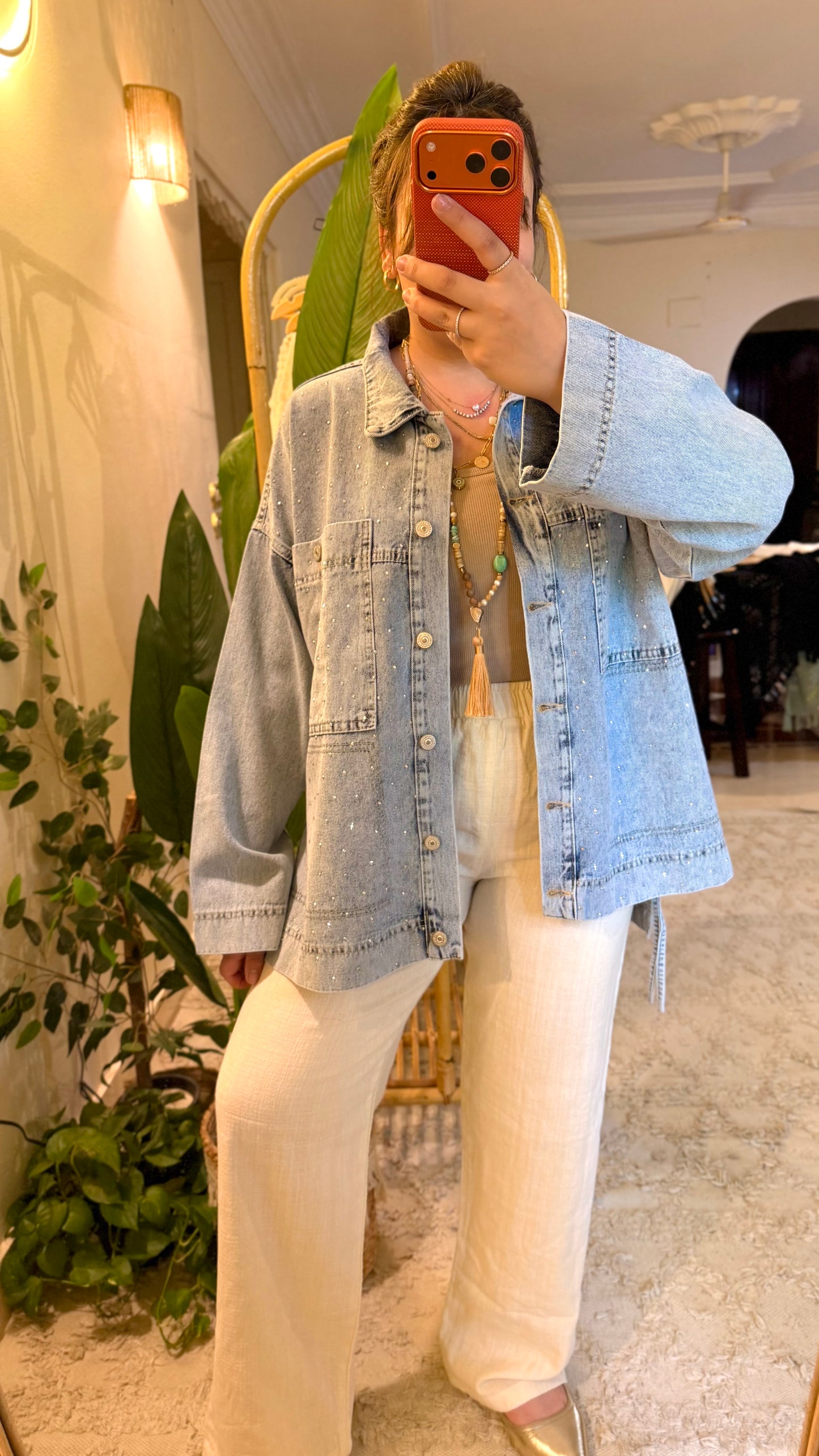 Glam Denim Oversized Jacket With Pockets & Ties