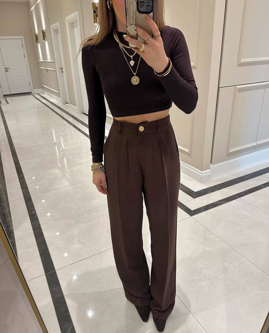 Brown Classic Pants With Golden Button