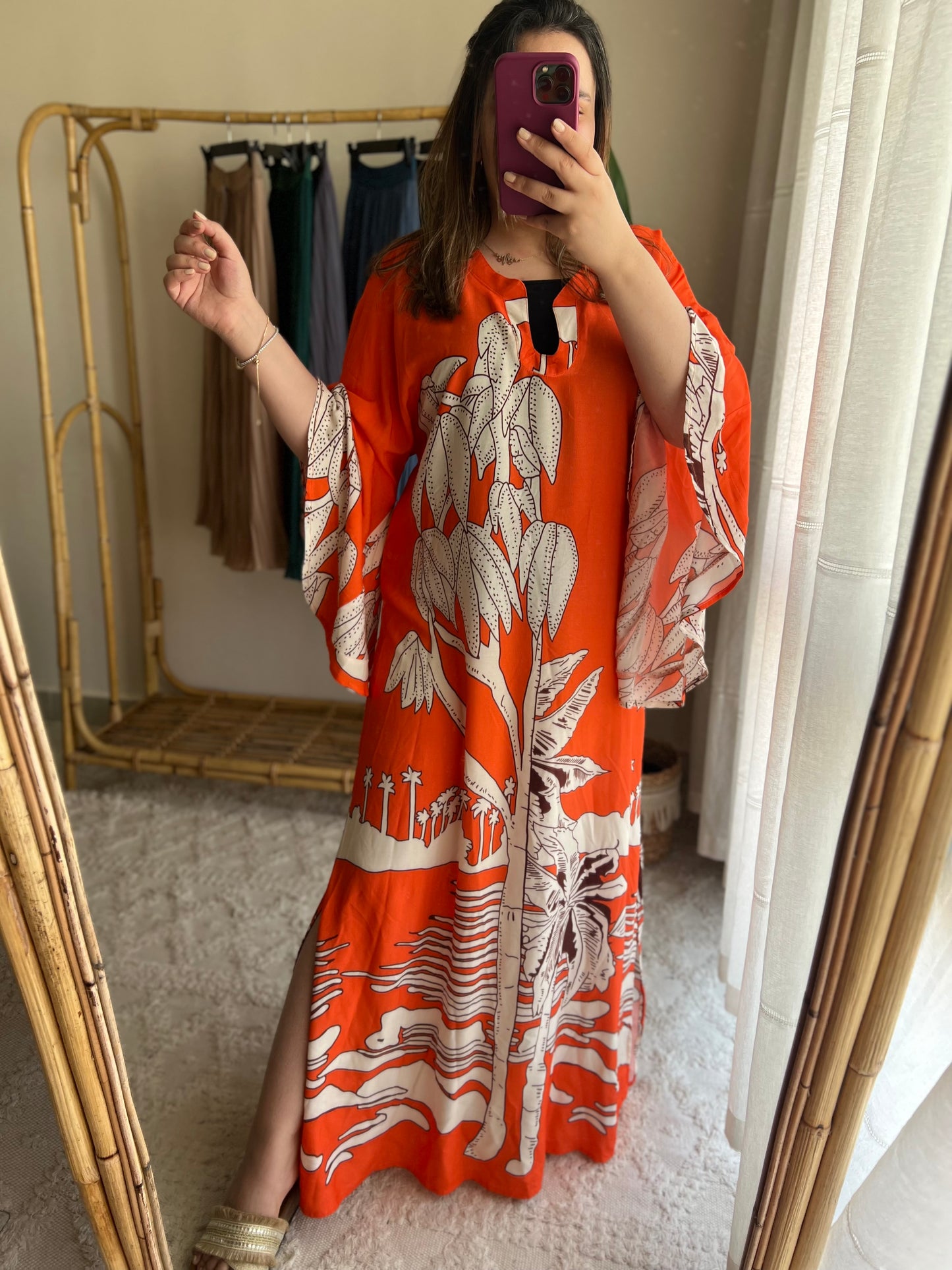 Orange Butterfly Sleeves Dress With Side Slits