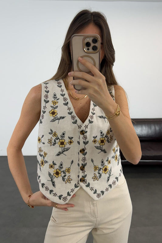 Linen Floral Yellow Embroidered Vest
