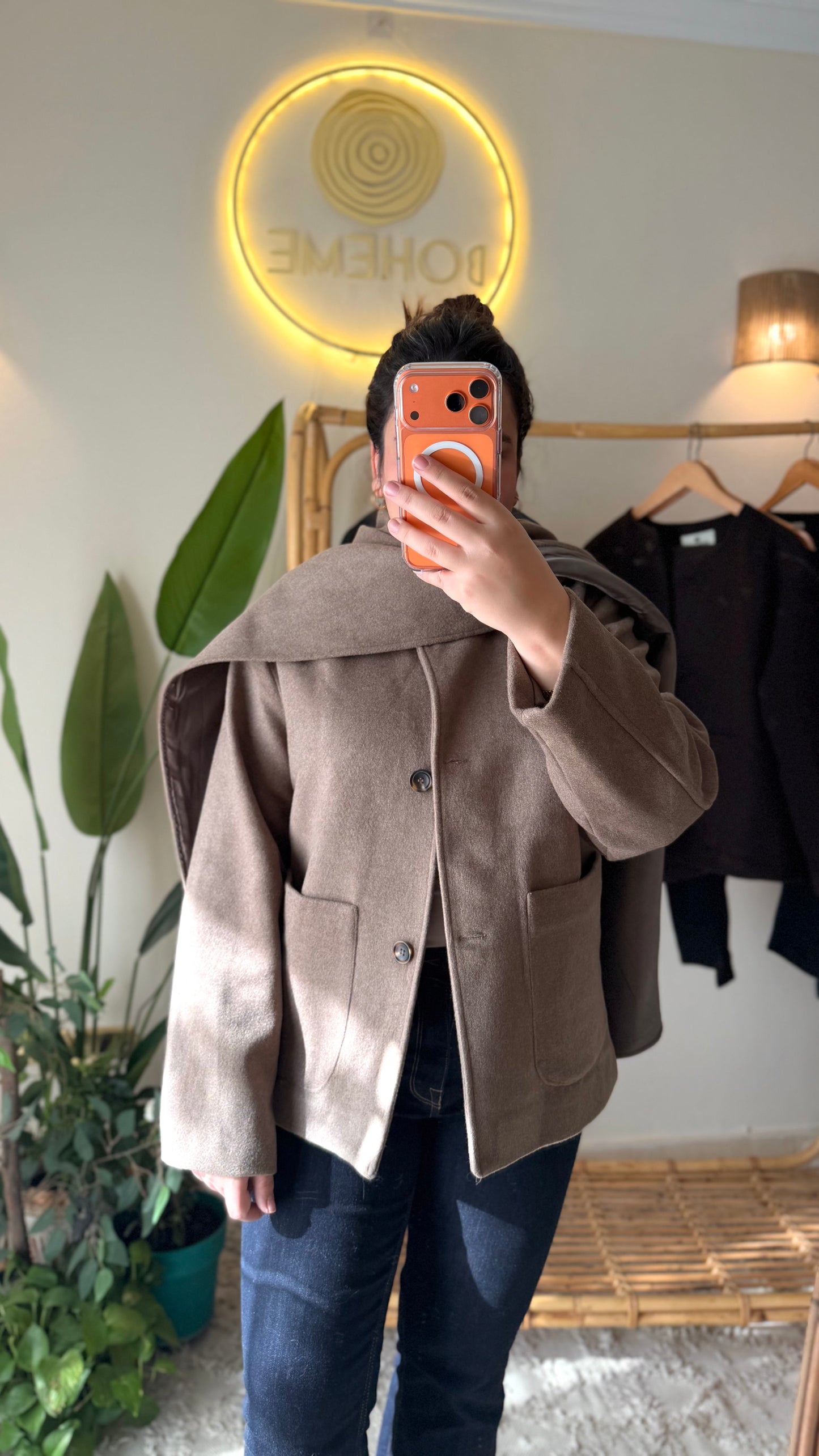 Cafe Wool Jacket With Pockets & Detachable Scarf
