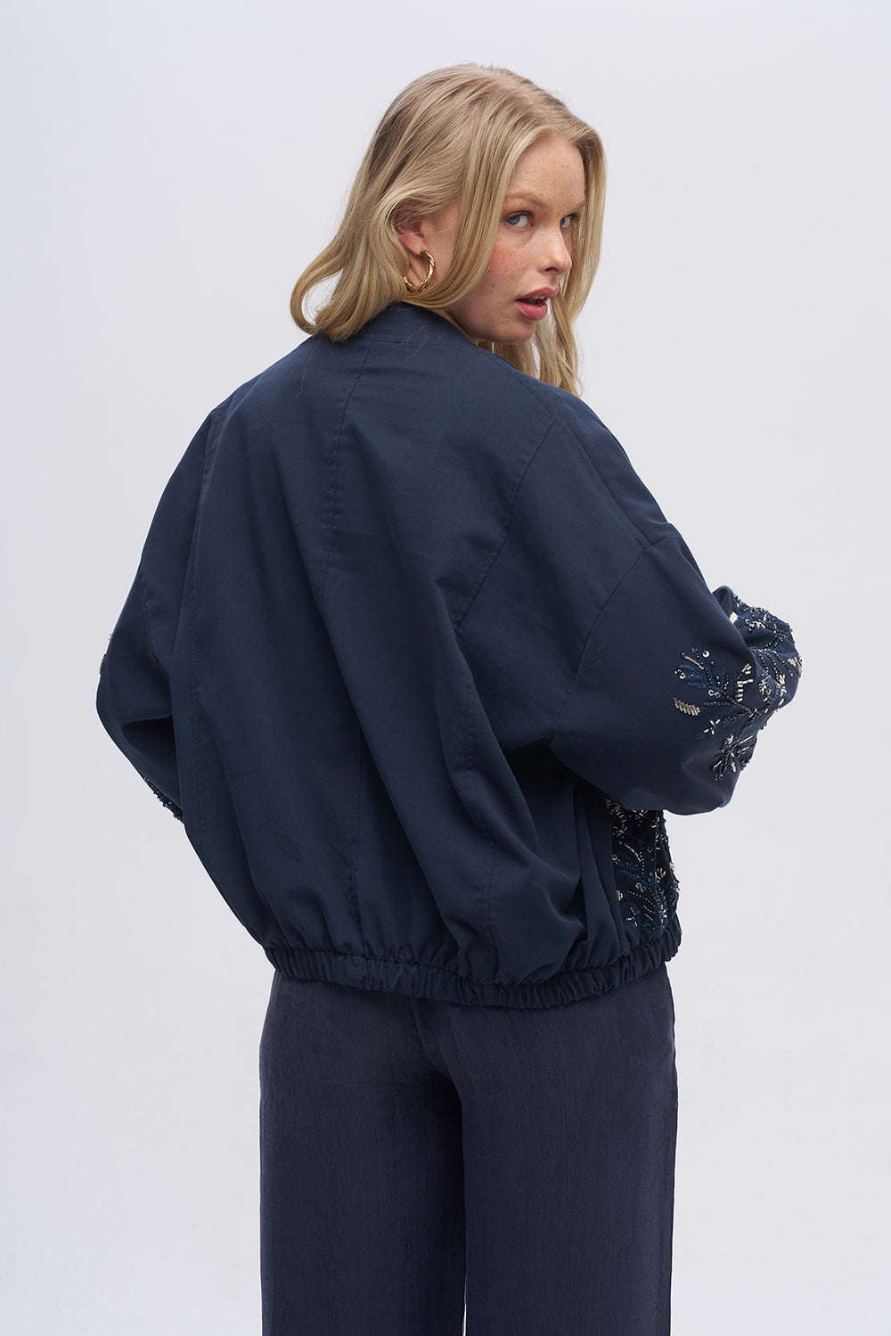 Navy Embroidered Bomber Jacket