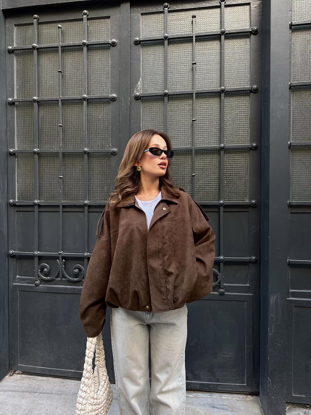 Camel Suede Jacket With Golden Zipper