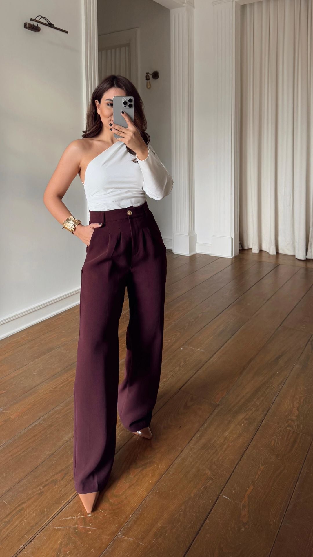 Burgundy Classic Pants With Golden Button