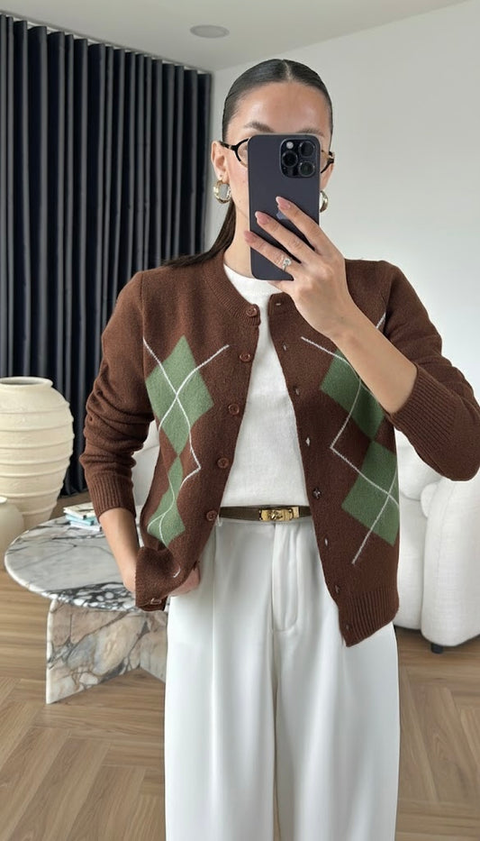 Brown X Olive Rhombus Cardigan
