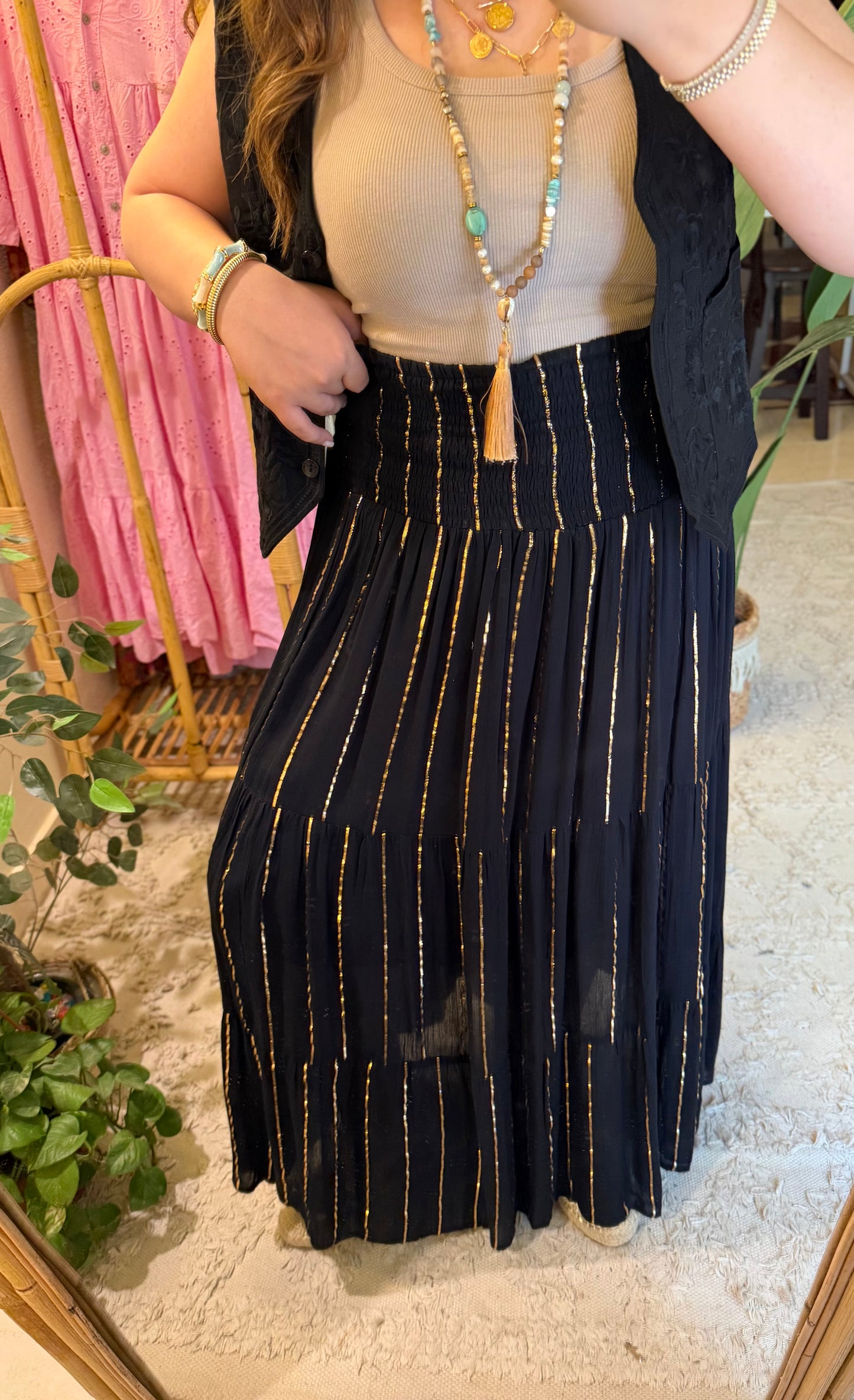 Black Cotton Golden Threads Indian Skirt