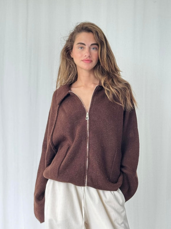 Brown Zip Up Wool Jacket