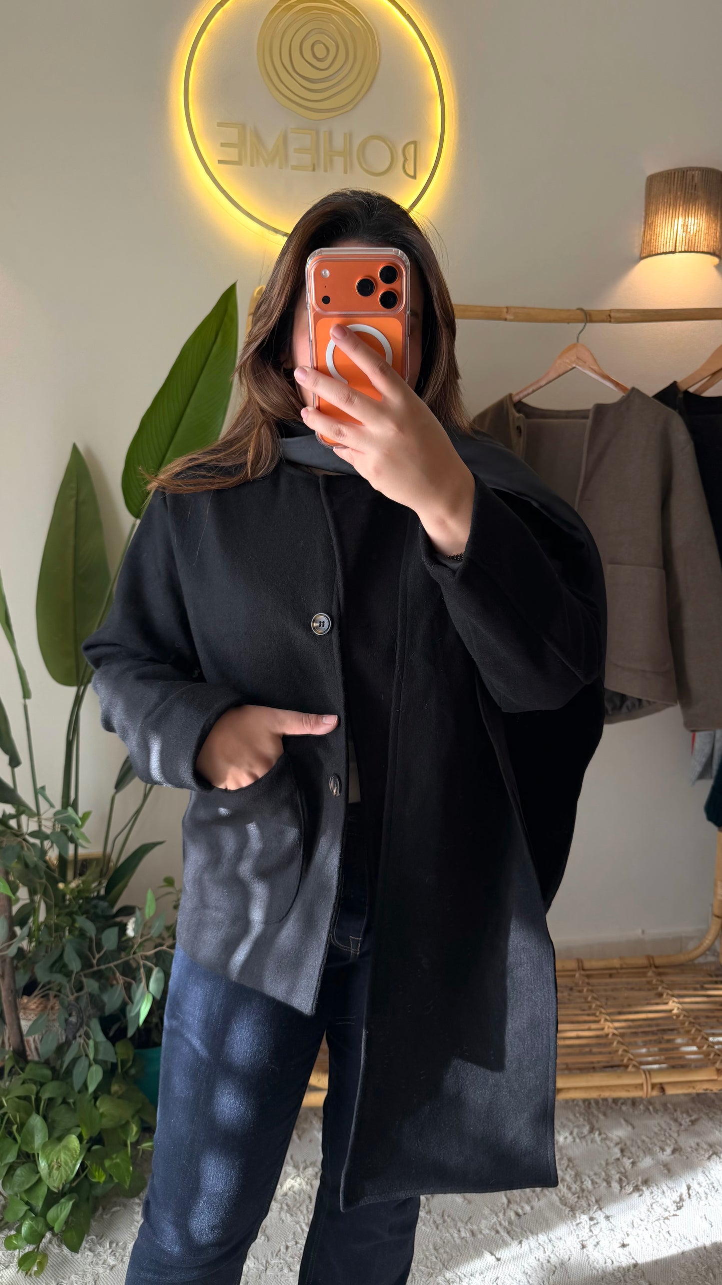 Black Wool Jacket With Pockets & Detachable Scarf