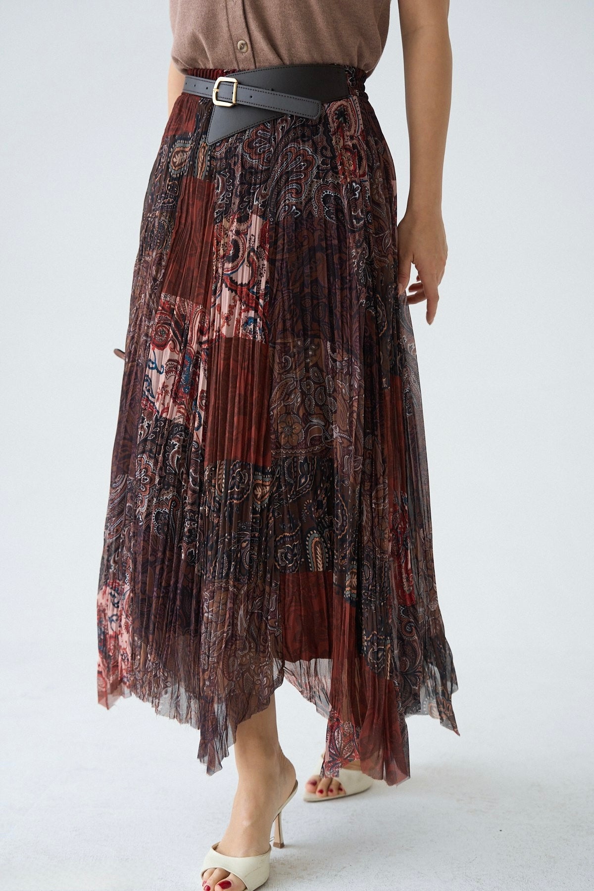 Boho Patchwork Asymmetrical Chiffon Skirt With Leather Belt
