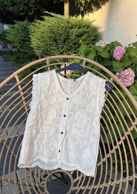 Crochet White Embroidered Floral Vest