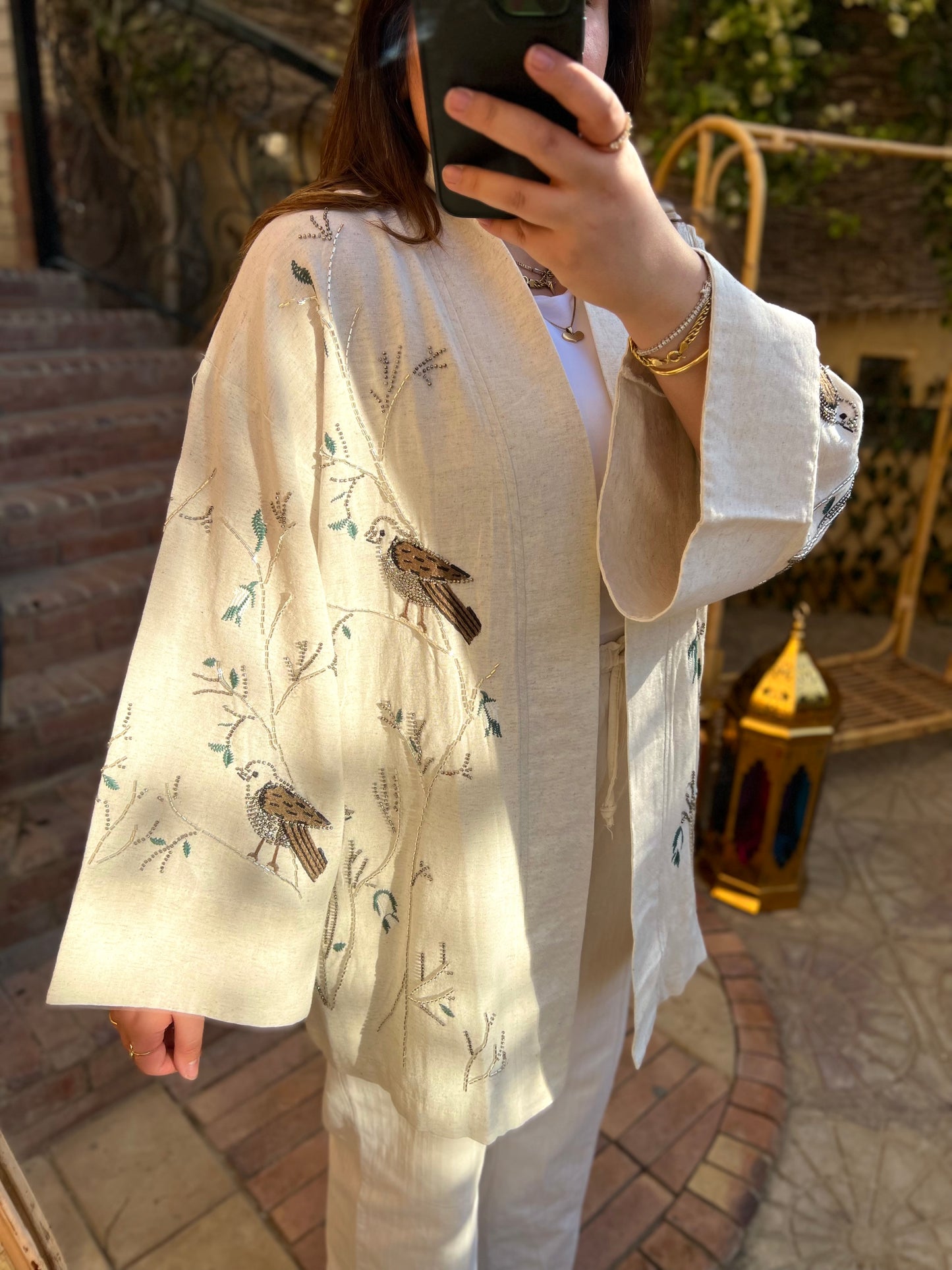 Premium Linen Embroidered Birds Beige Kimono (PREORDER Delivery in 10 days)