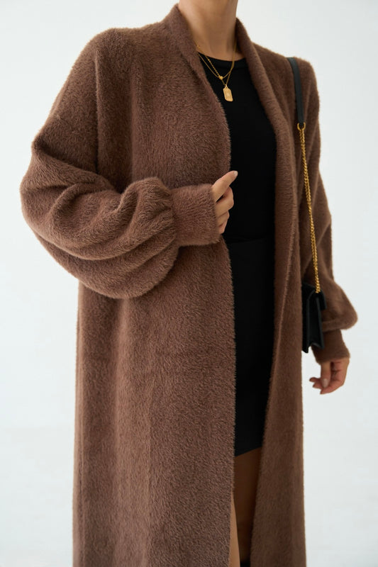 Brown Fluffy Heavy Longline Coat Cardigan