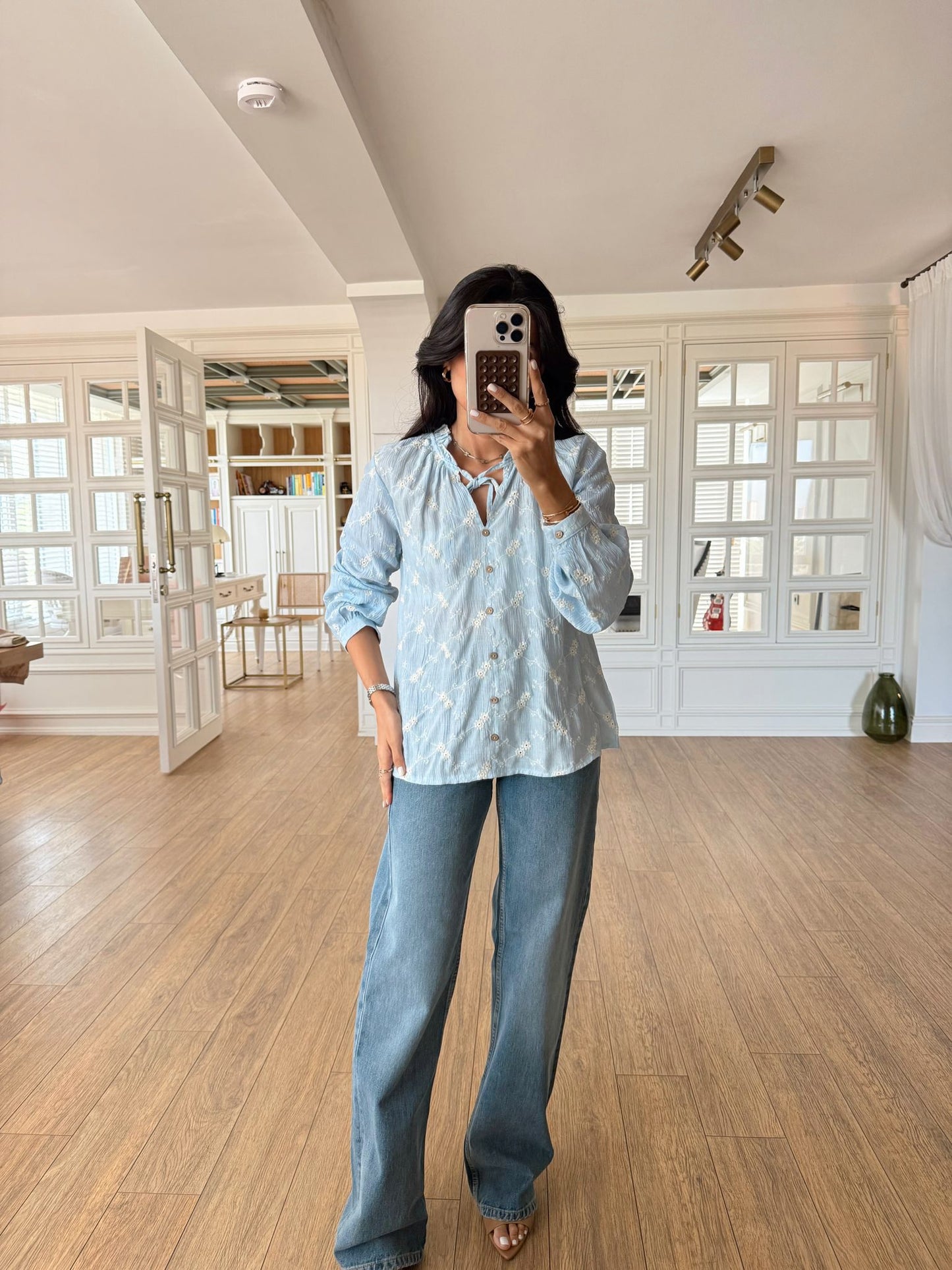Baby Blue Cut Out Embroidered Blouse