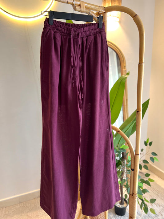 Linen Burgundy Straight Pants With Elastic Waist