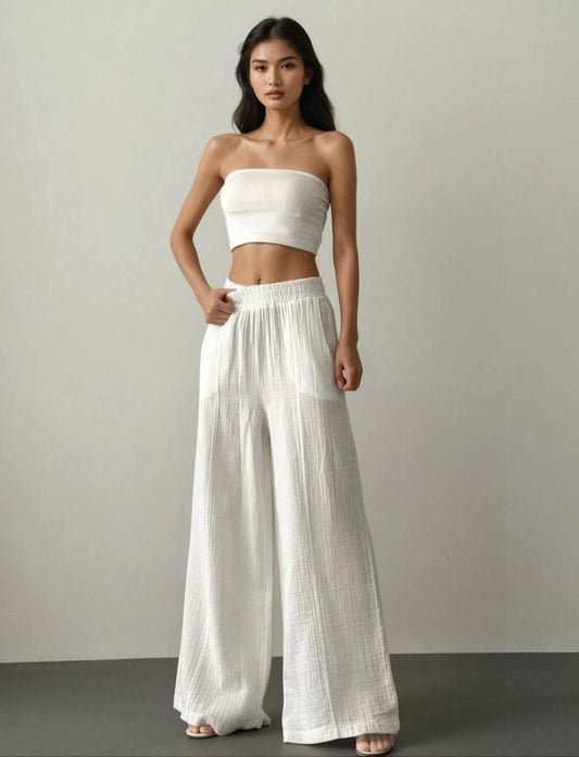 White Cotton Wide Pants With Elastic Waist