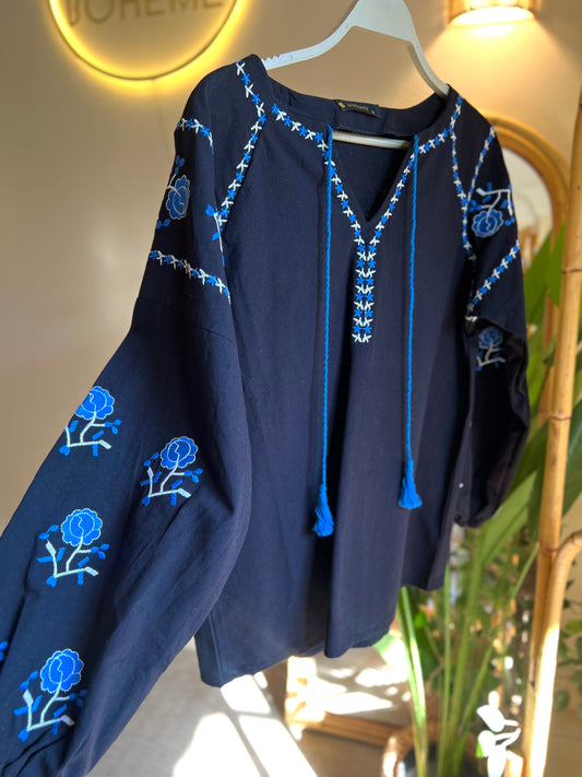 Black Blue Floral Embroidered Blouse