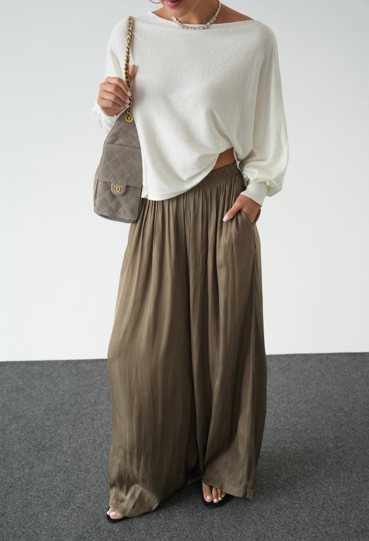 Olive Crinkled Satin Flowy Pants