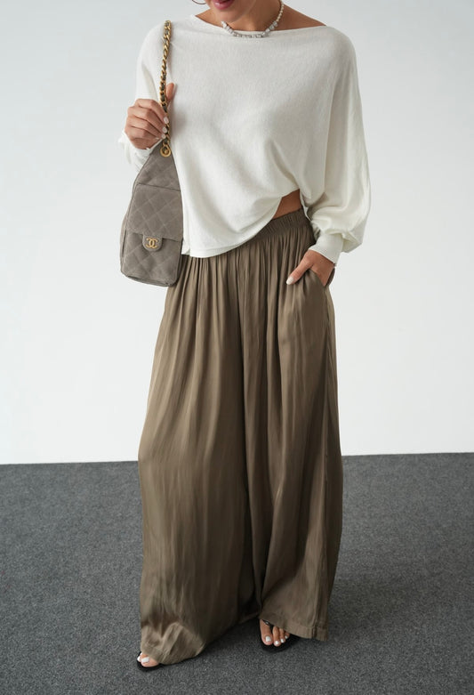 Olive Crinkled Satin Flowy Pants