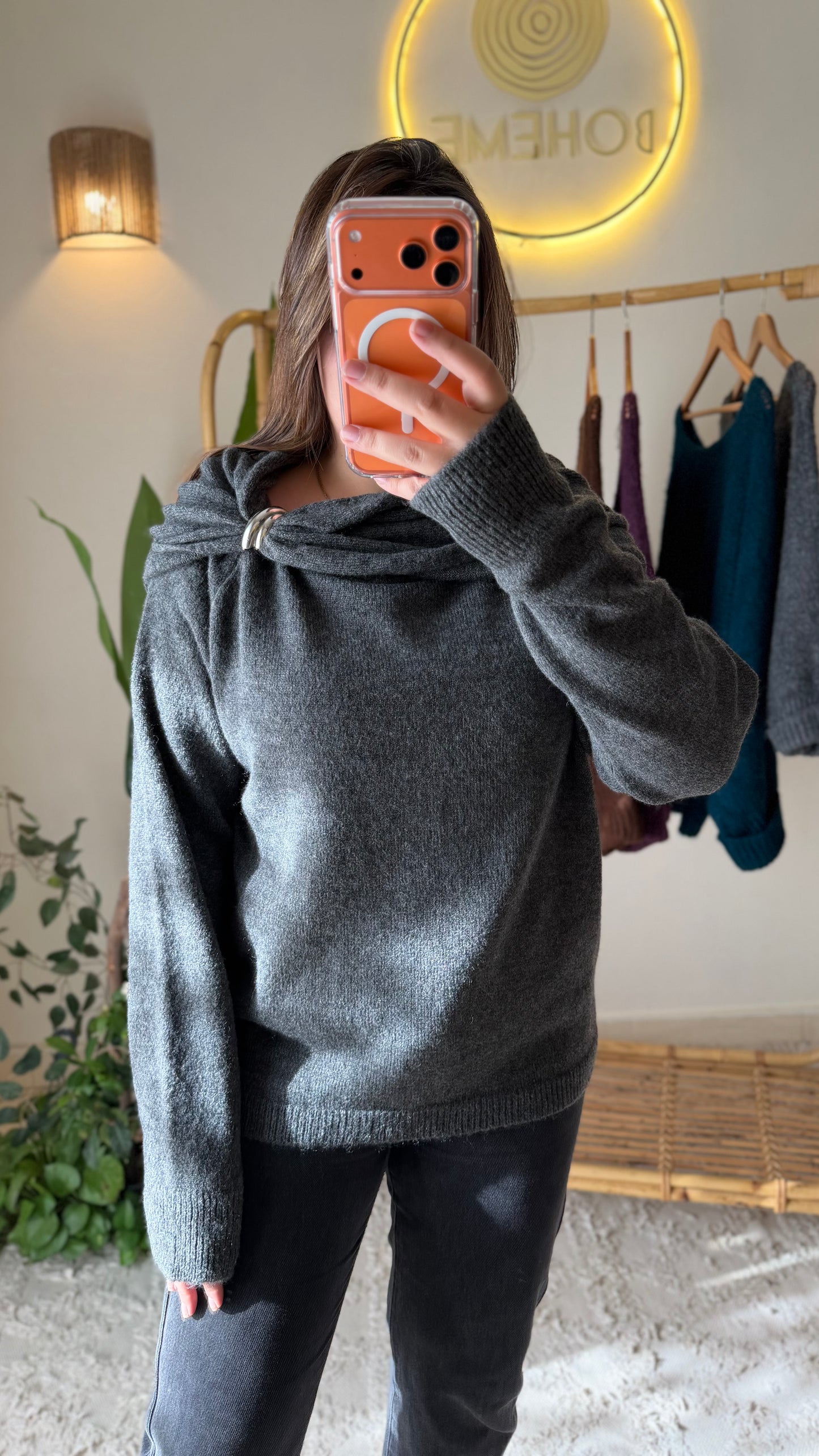 Grey Draped Shoulder Pullover With Silver Appliqué
