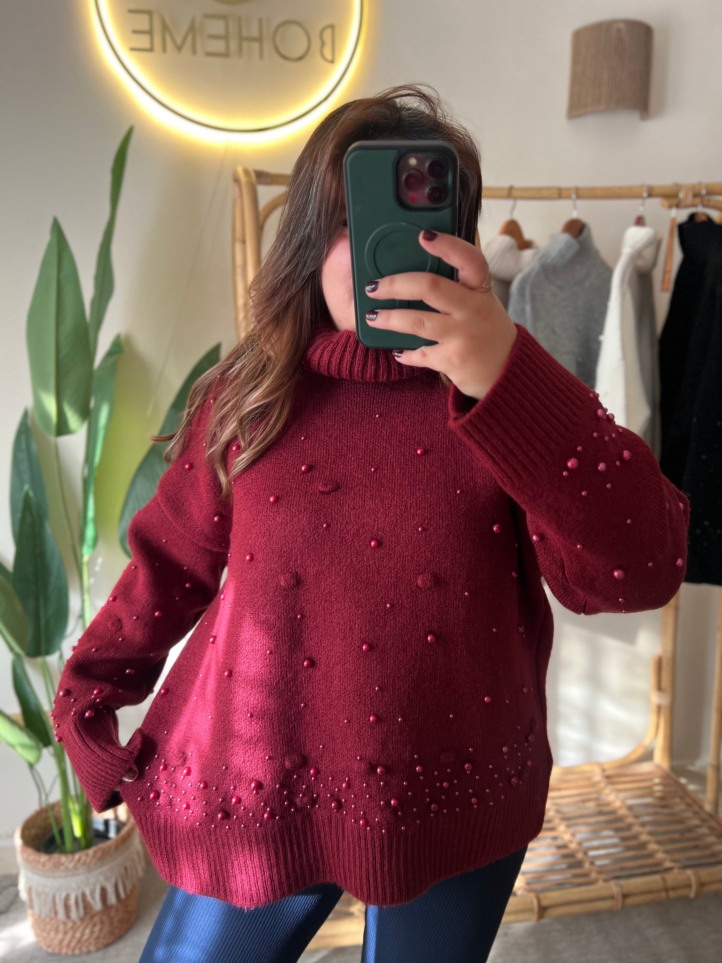 Burgundy Pearl Pompom Pullover