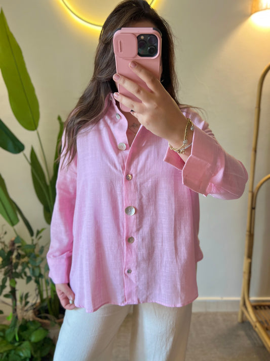Pink Linen Shell Buttons Shirt