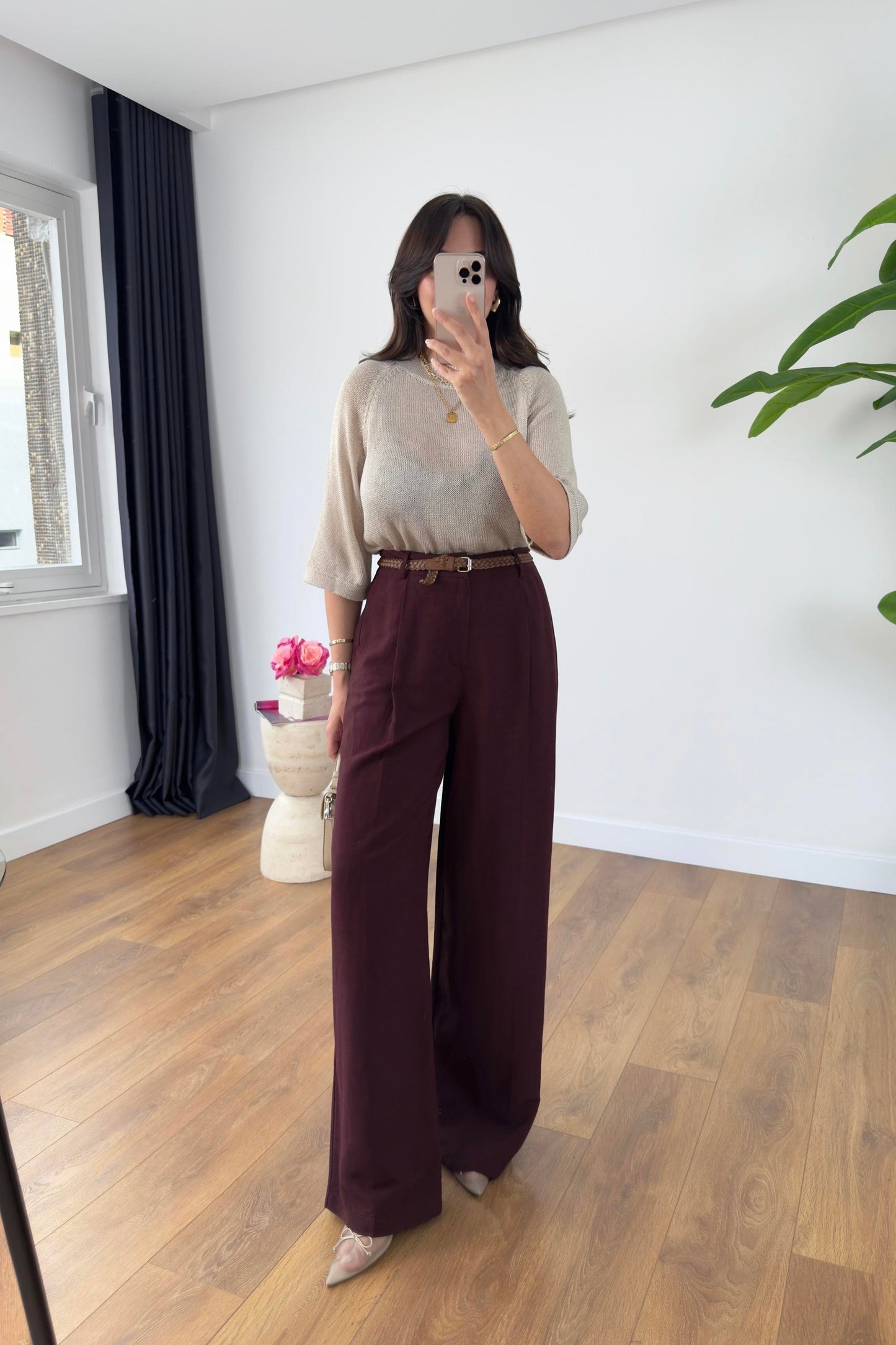 Burgundy Linen Pants With Leather Belt