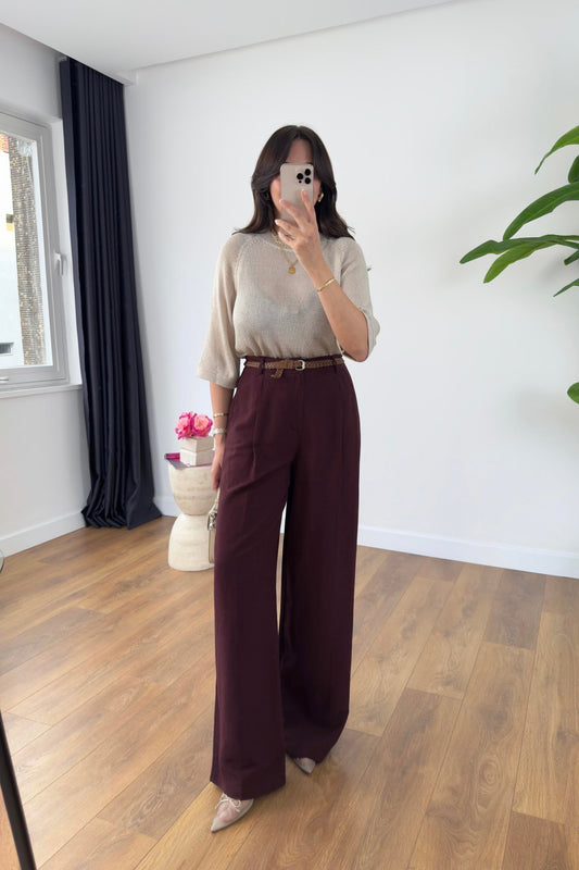 Burgundy Linen Pants With Leather Belt