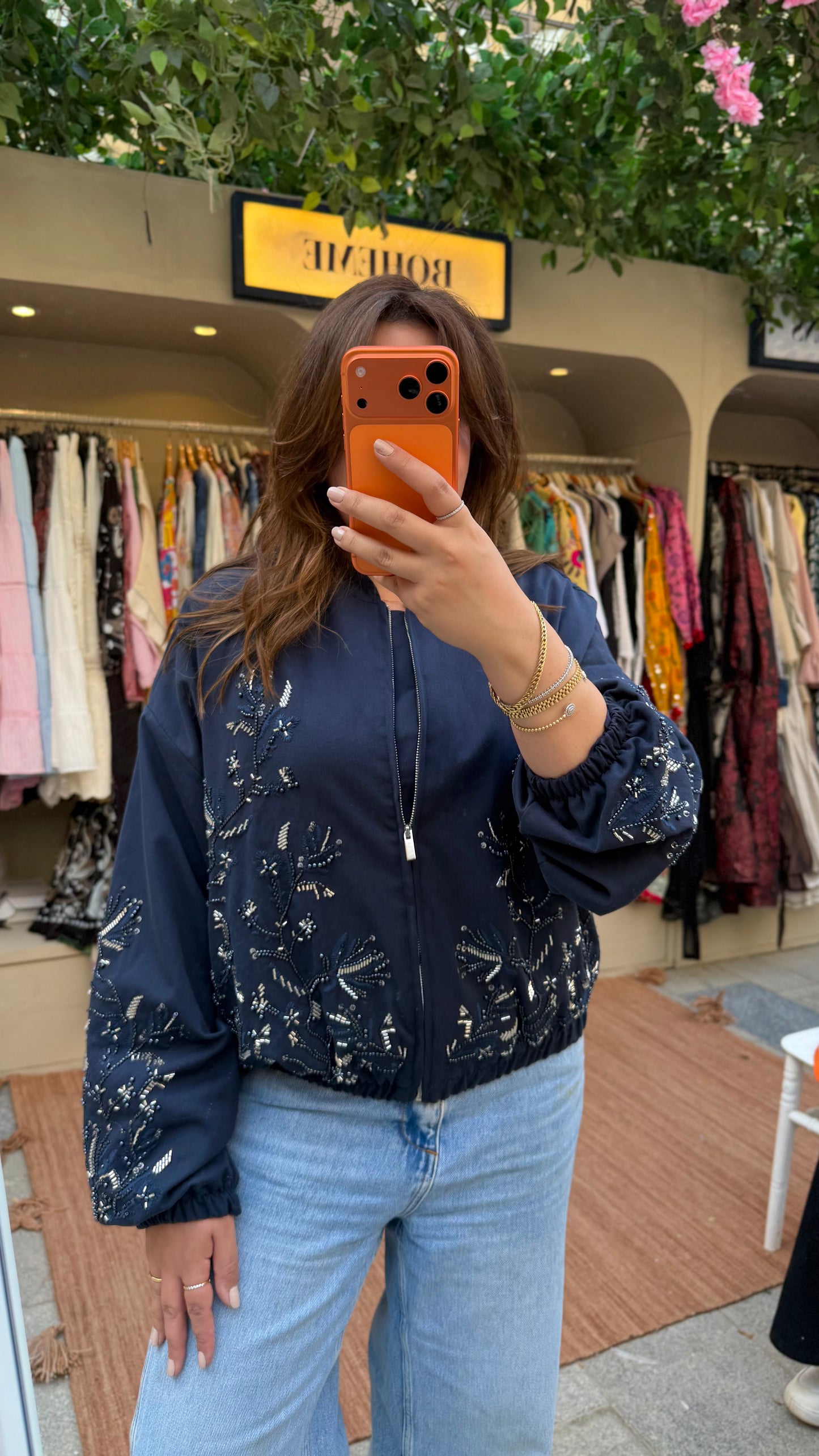 Navy Embroidered Bomber Jacket