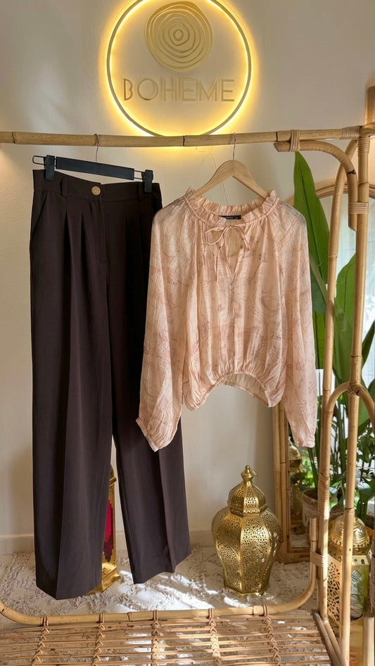 Vintage Beige Blouse With Ties & Smocked Waist