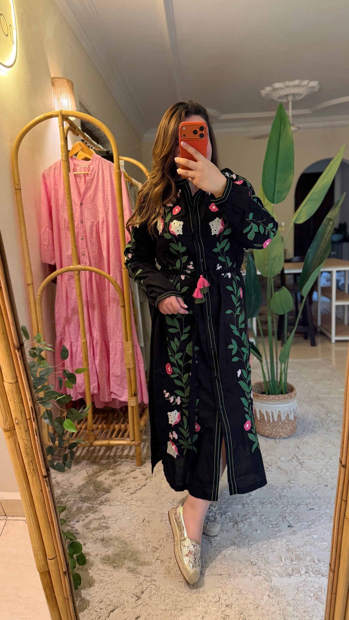 Black Floral Embroidered Belted Dress