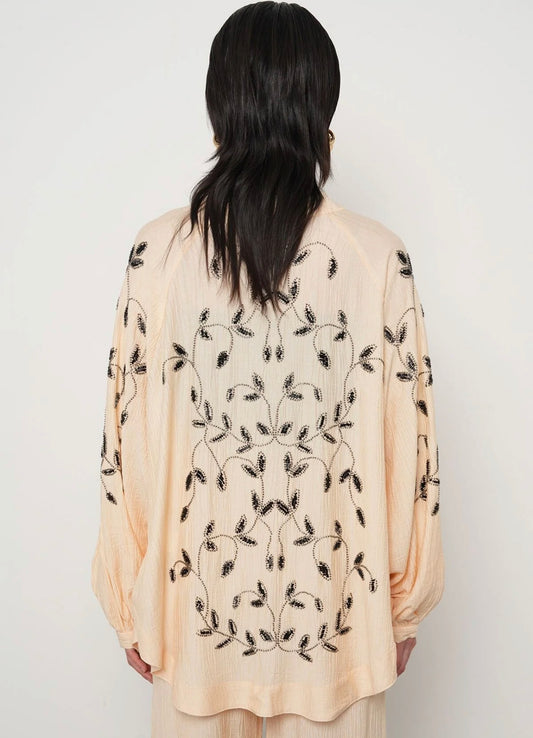 Almond X Black Leaves Embroidered Kimono