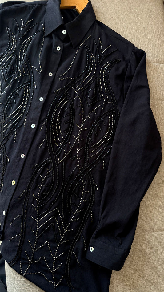Black Silver Linen Beaded Shirt