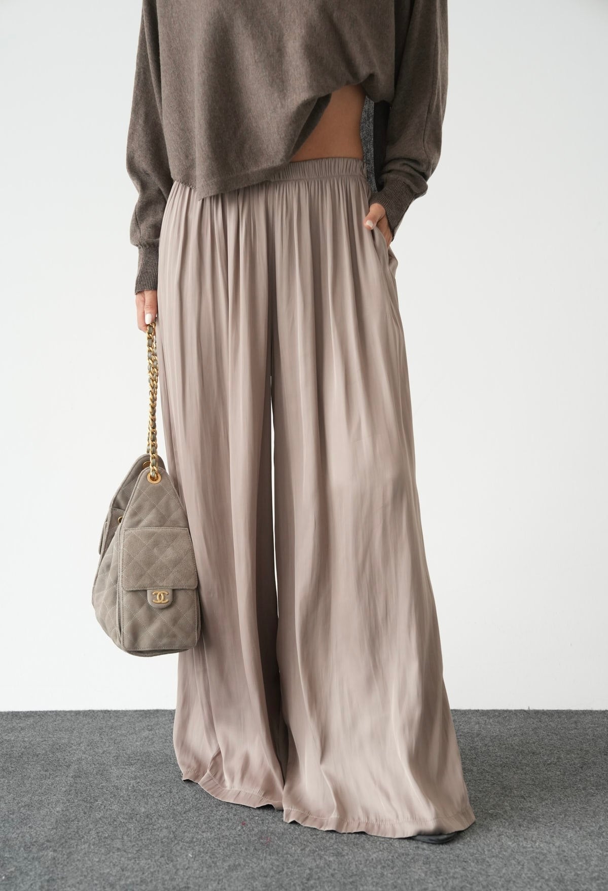 Greige Crinkled Satin Flowy Pants