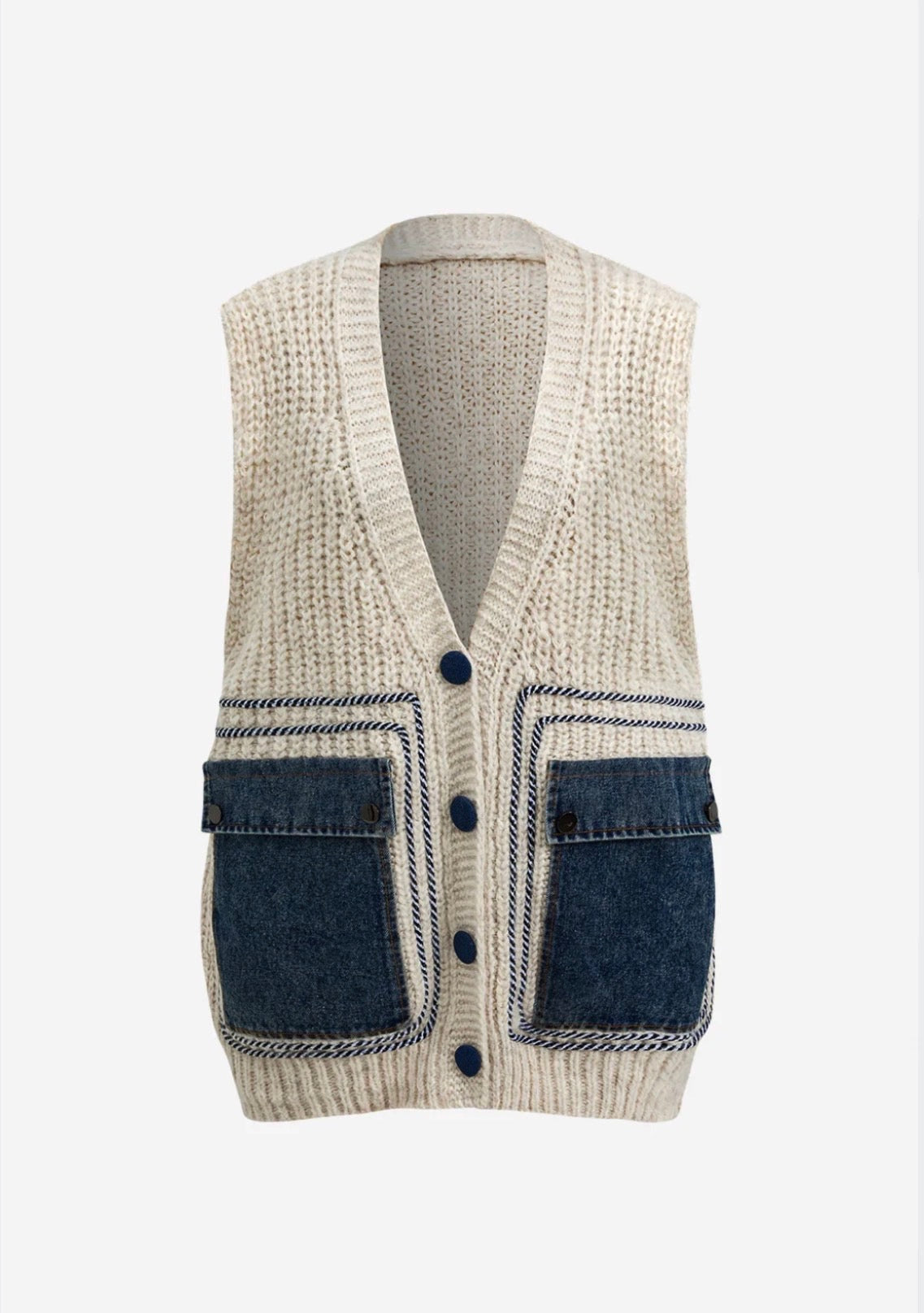 Cream Triko Patchwork Denim Vest With Pockets