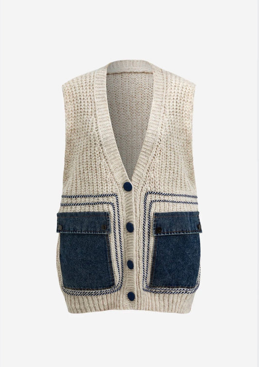 Cream Triko Patchwork Denim Vest With Pockets