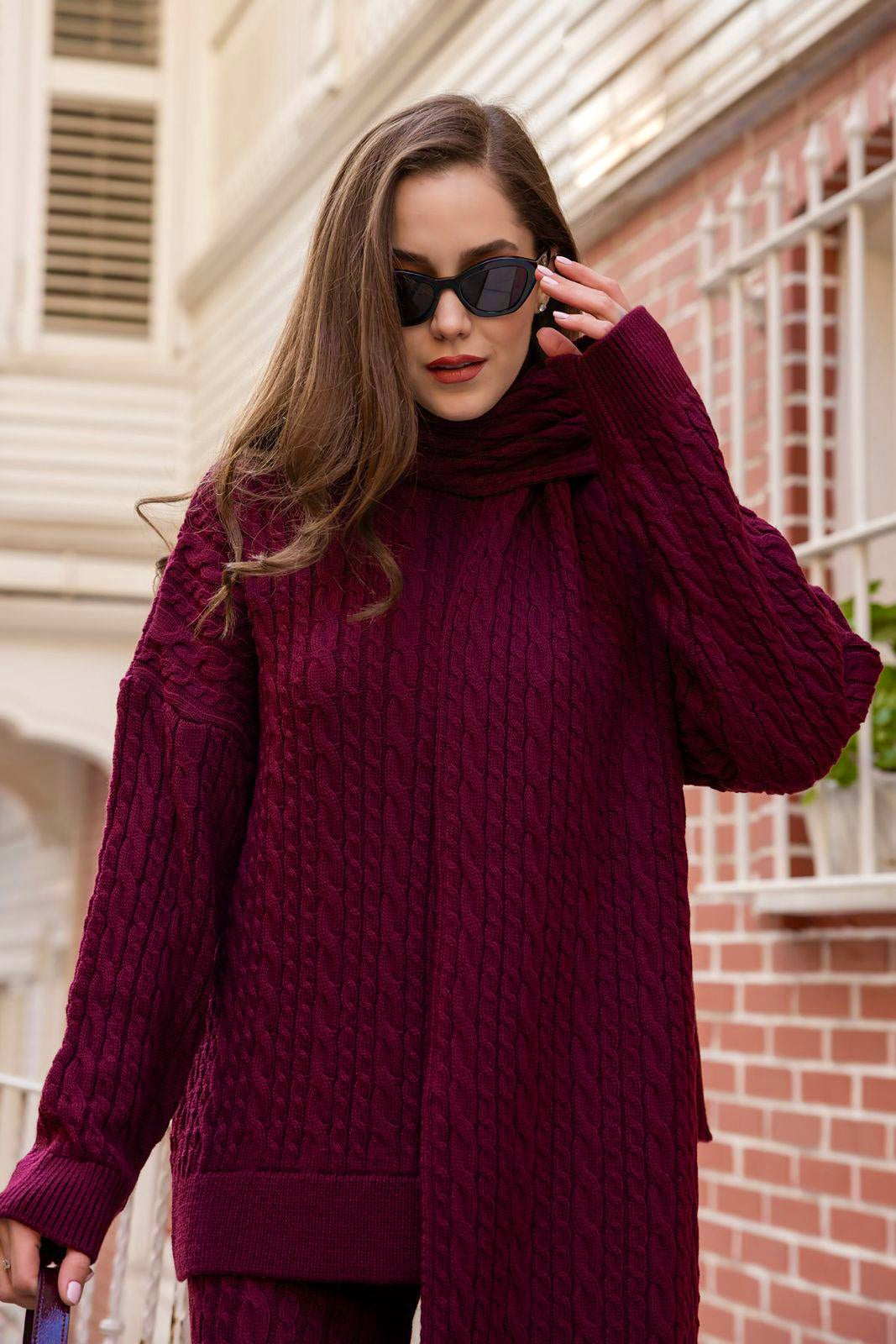 Burgundy Braided Triko Set With Scarf