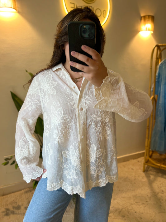 Beige Floral Embroidered Lace Shirt