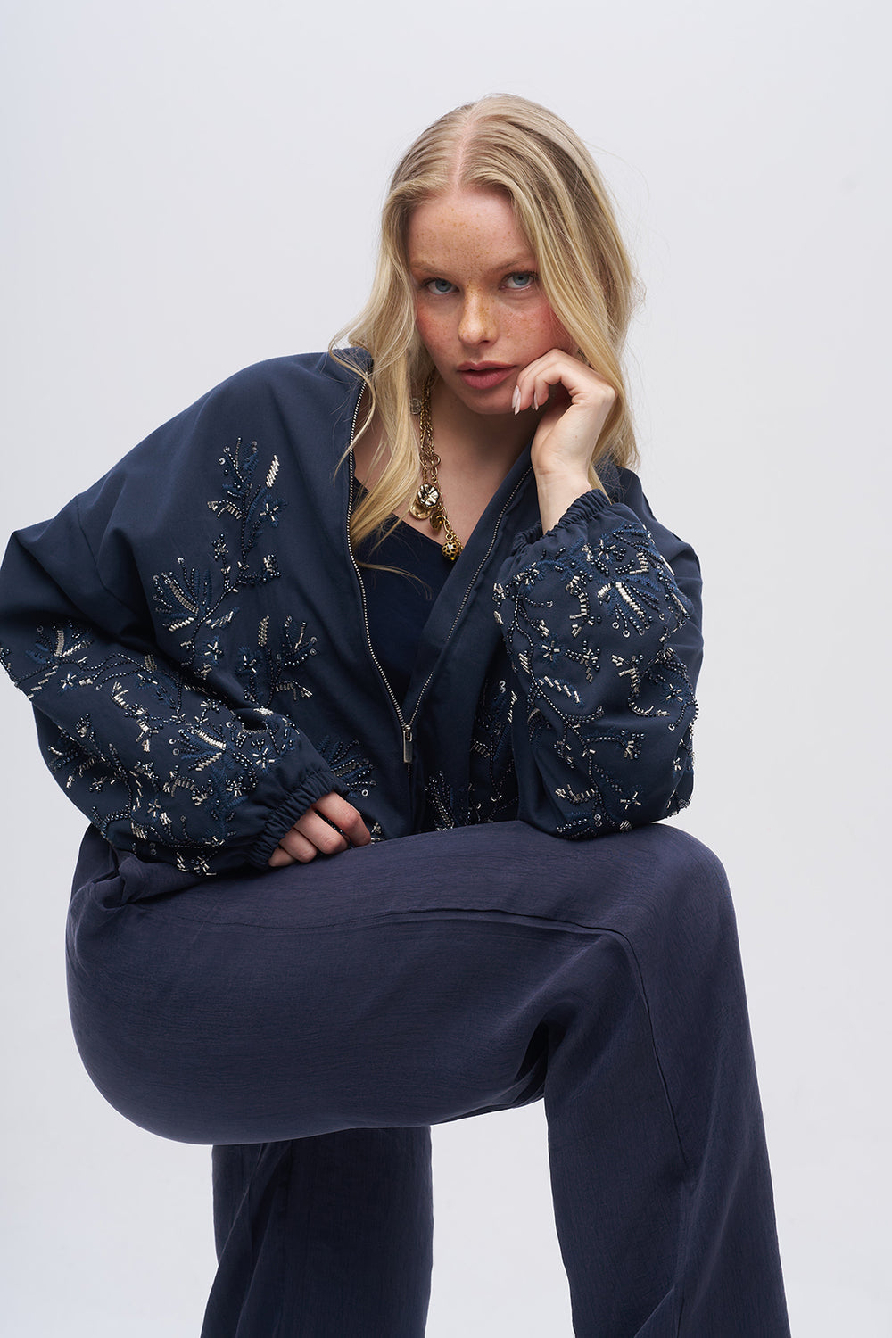 Navy Embroidered Bomber Jacket