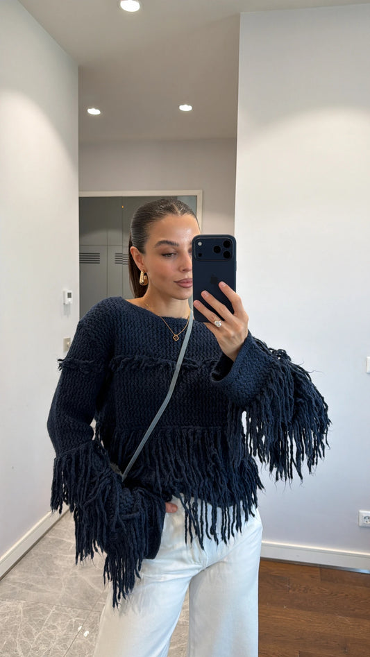 The Boho Fringe Navy Pullover
