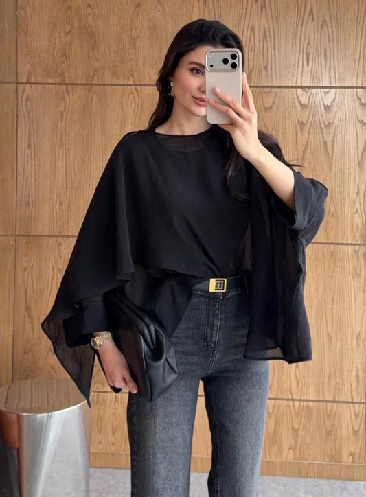 Black Chiffon Cape Blouse